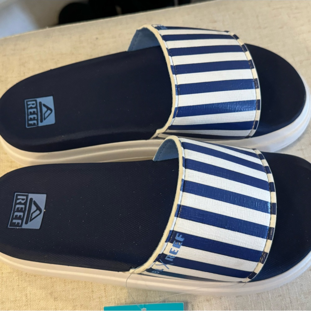 Reef Blue and White Striped Slip-On Sandals
